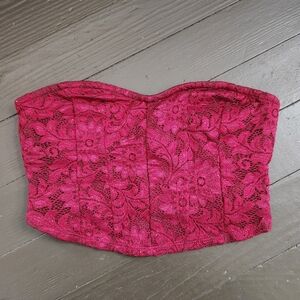Altar'd State Strapless Floral Lace Sparkly Red Crop Top